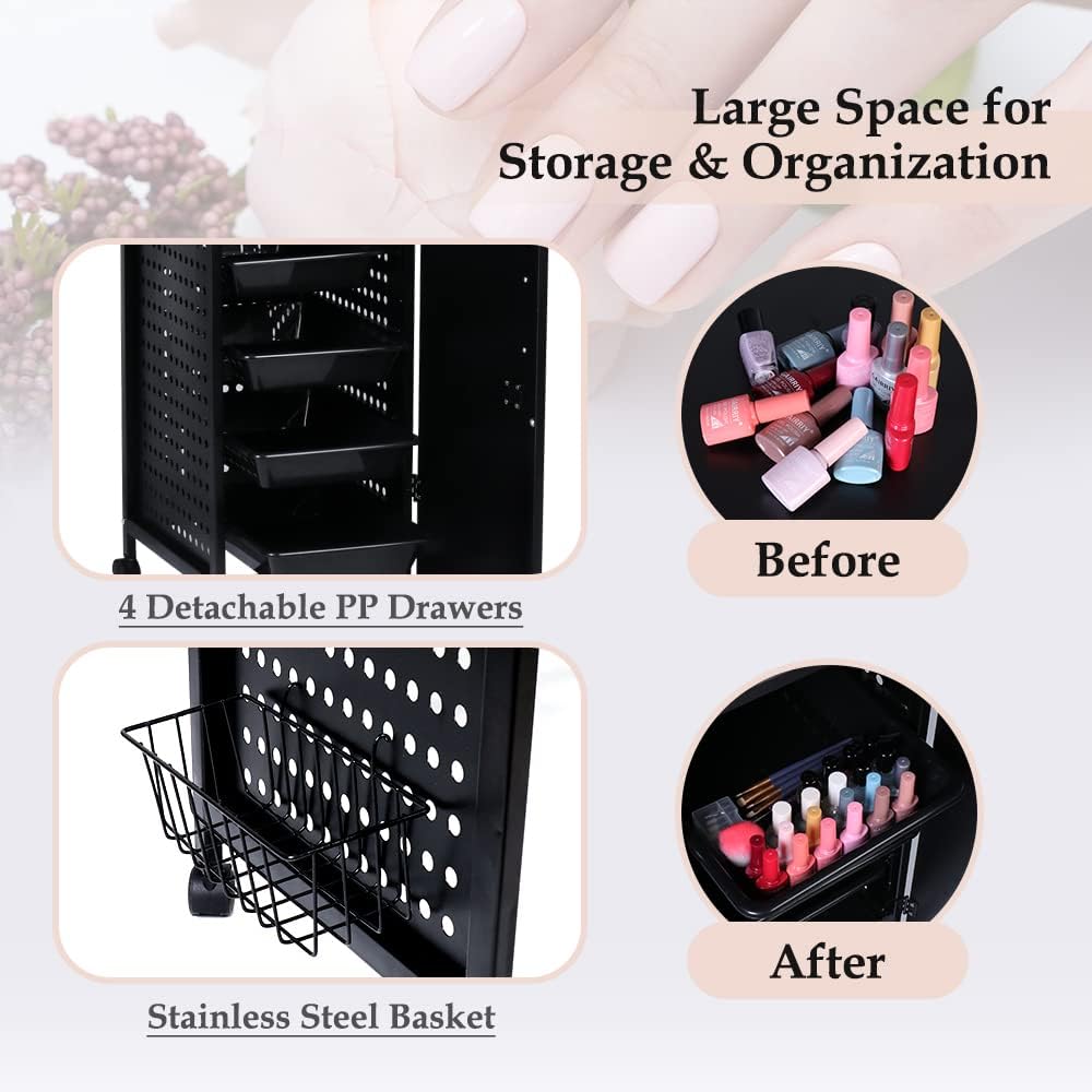 LUCKUP Manicure Table Nail Desk with Dust Collector & Charging Station, Nail Tech Table with 4 Large Drawers, LED Lamp, Lockable Wheels, Iron Frame Nail Station for Home, Spa Salon, Black