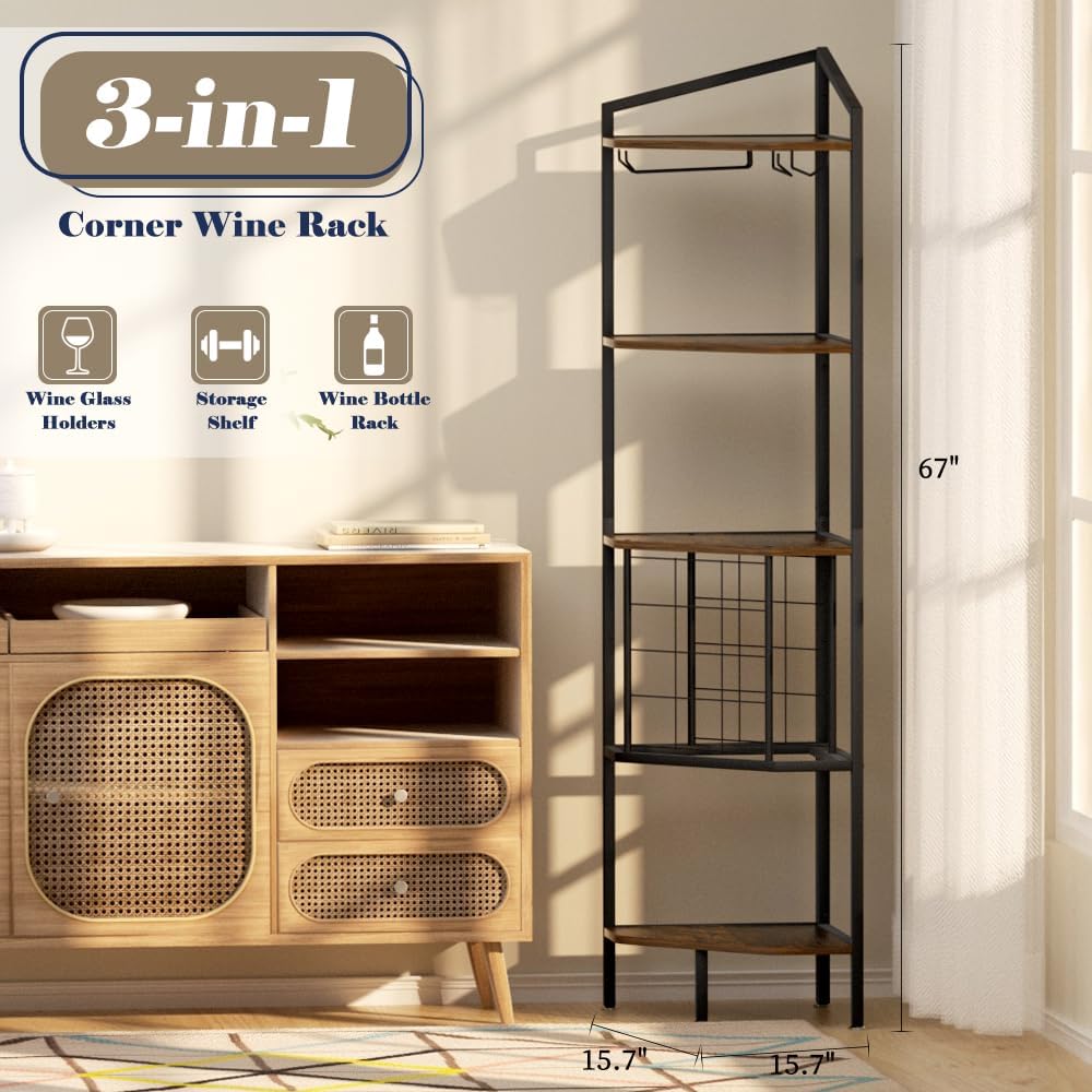 Wine Rack 5-Tier Corner Corner Shelf, Floorstanding Bar Cabinet