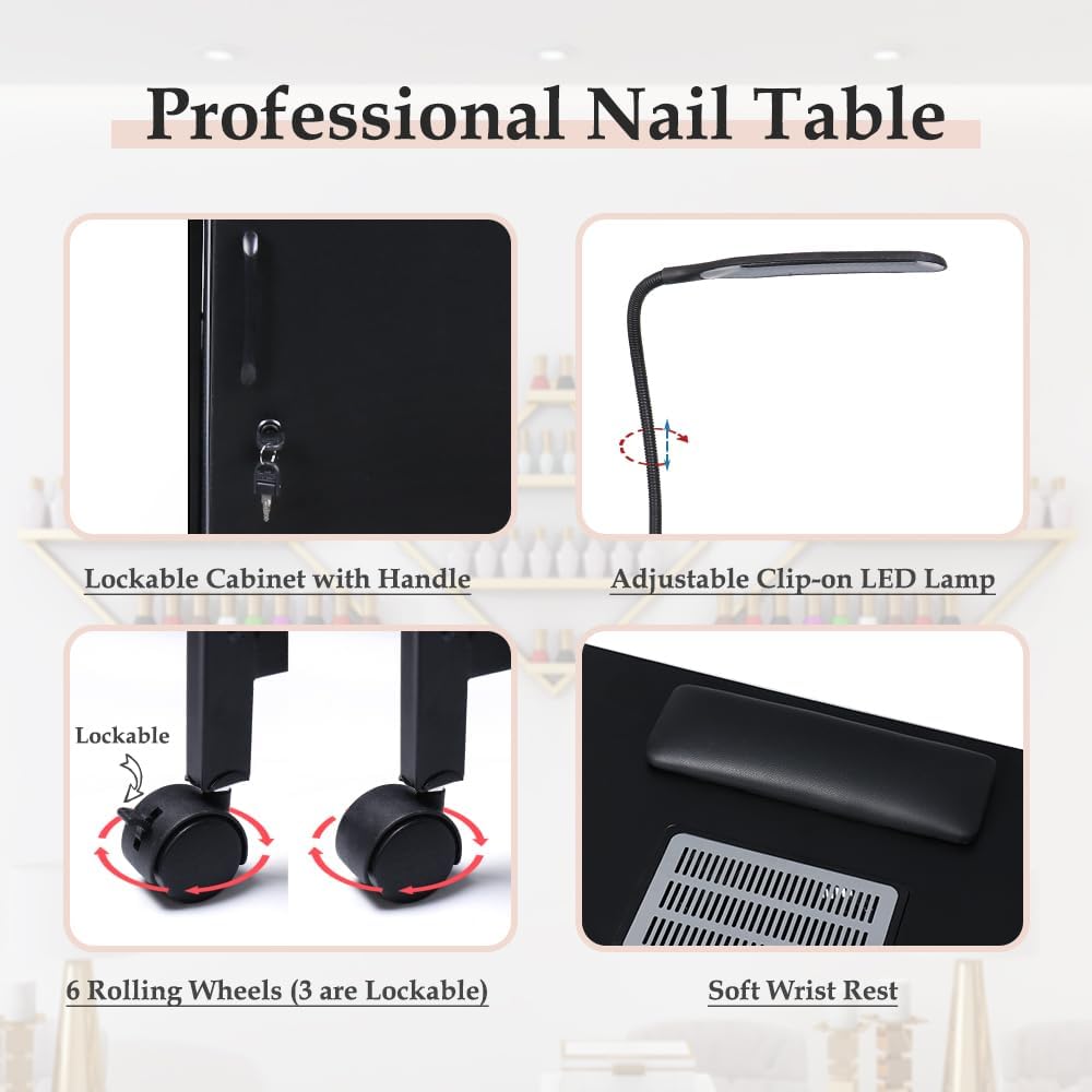 LUCKUP Manicure Table Nail Desk with Dust Collector & Charging Station, Nail Tech Table with 4 Large Drawers, LED Lamp, Lockable Wheels, Iron Frame Nail Station for Home, Spa Salon, Black
