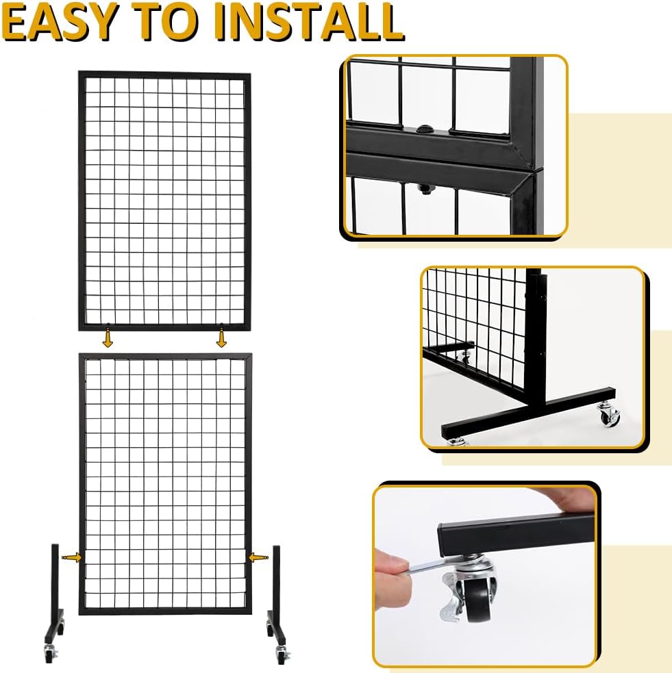 LUCKUP Grid Wall Panels Standing Wire Grid, Display Rack with T-Base Wheels Freestanding Gridwall Panel Tower for Shows, Black