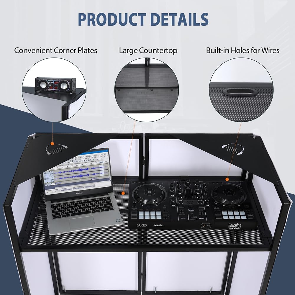 LUCKUP Portable DJ Booth Facade with White & Black Scrim, Foldable DJ Table Station with Adjustable Feet for Party
