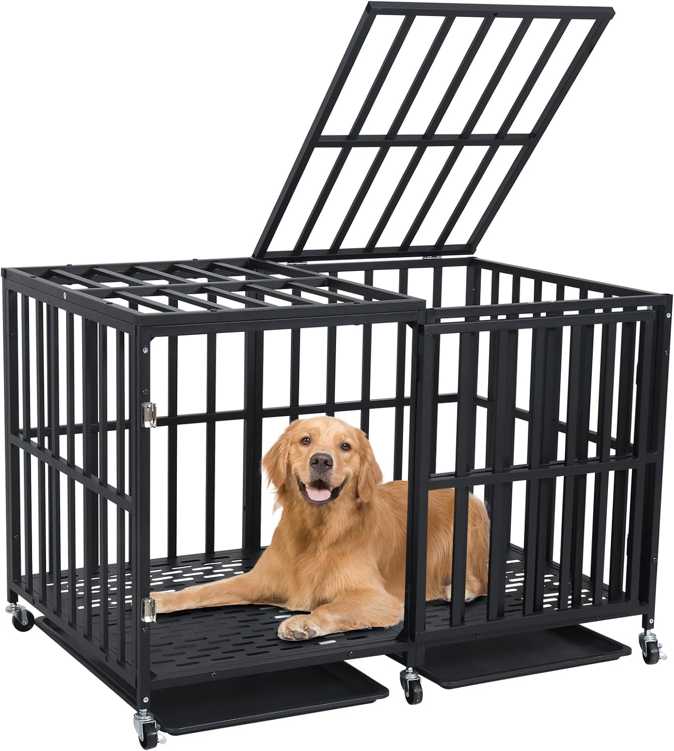 LUCKUP 48" Extra Large Heavy Duty Dog Crate Metal Dog Cage Kennel Indestructible W/Top Opening Locking Wheels and Removable Trays