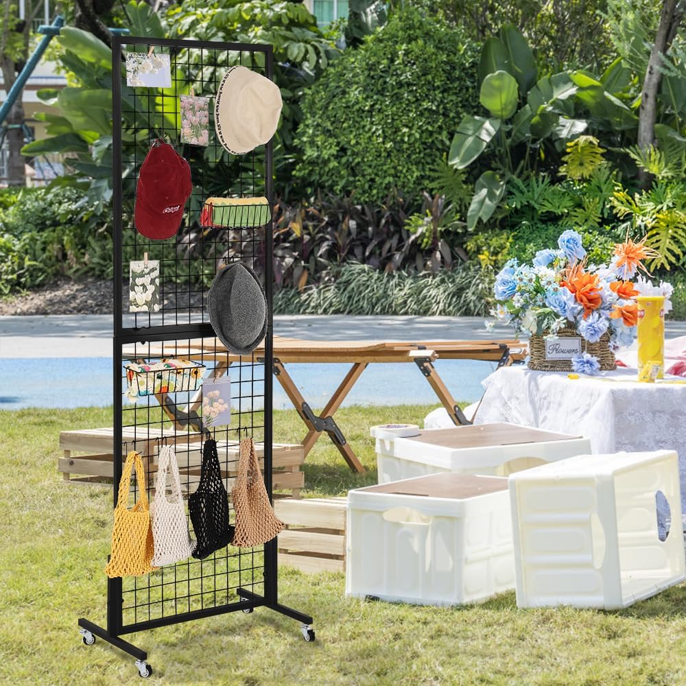 LUCKUP Grid Wall Panels Standing Wire Grid, Display Rack with T-Base Wheels Freestanding Gridwall Panel Tower for Shows, Black