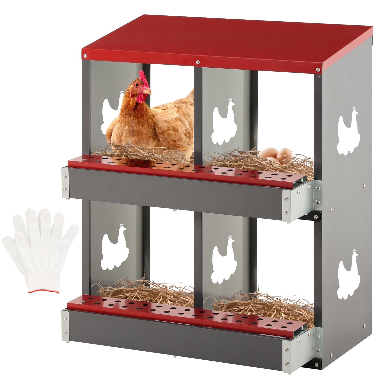 LUCKUP Chicken Nesting Box for Laying Eggs, 4 Holes Roll Out Laying Box for Hens, Metal Chicken Nest Boxes with Perch to Protect Eggs, Wall Mount Poultry Nesting Boxes for Coop, Red