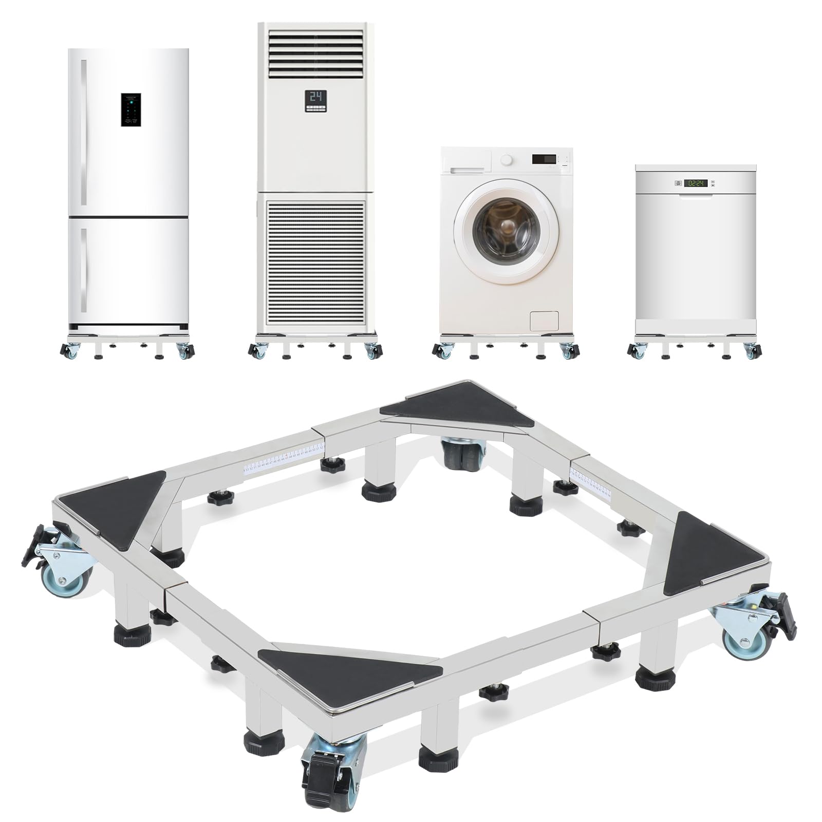 LUCKUP Heavy Duty All Stainless Steel Mobile Fridge Stand Base, Washing Machine Stand with 4 Wheels and 2 Feets, Adjustable Furniture Dolly for Washer, Refrigerator and Dryer（large）