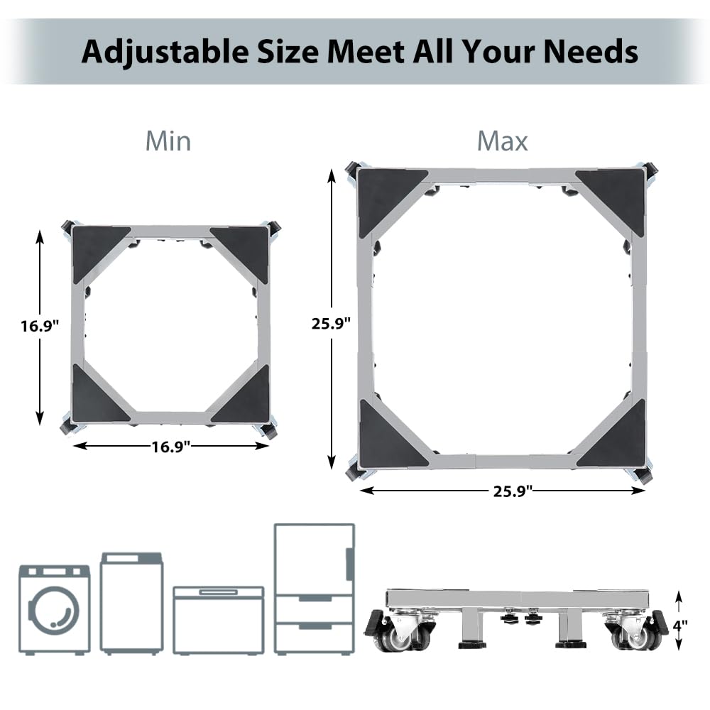 LUCKUP Heavy Duty All Stainless Steel Mobile Fridge Stand Base, Washing Machine Stand with 4 Wheels and 2 Feets, Adjustable Furniture Dolly for Washer, Refrigerator and Dryer（large）