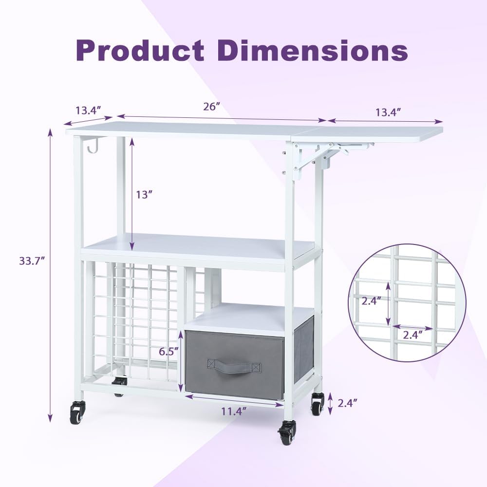 LUCKUP Organization and Storage Craft Table with 30 Vinyl Roll Holders and Drawer, Rolling Craft Storage Cabinet with Folding Workbench Shelf, Crafting Storage Cart for DIY Craft Room Home, White