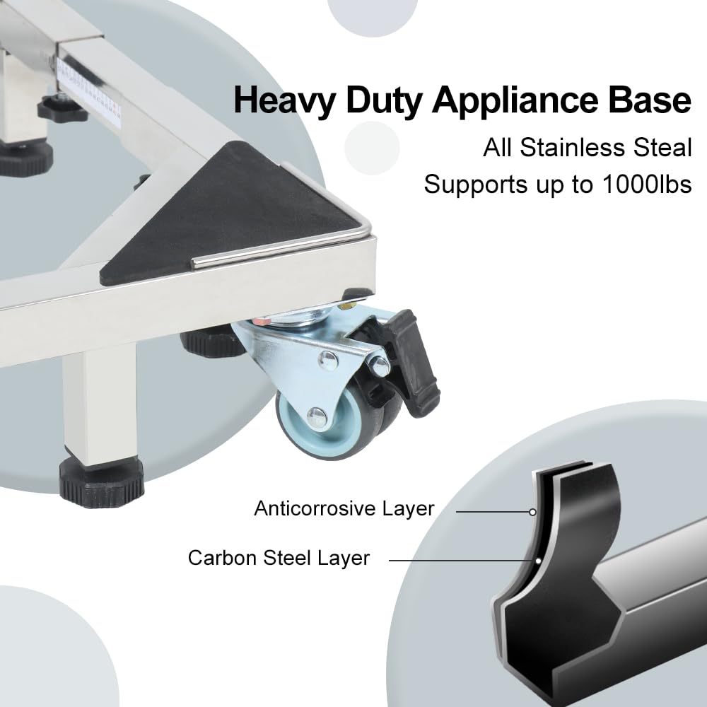 LUCKUP Heavy Duty All Stainless Steel Mobile Fridge Stand Base, Washing Machine Stand with 4 Wheels and 2 Feets, Adjustable Furniture Dolly for Washer, Refrigerator and Dryer（large）