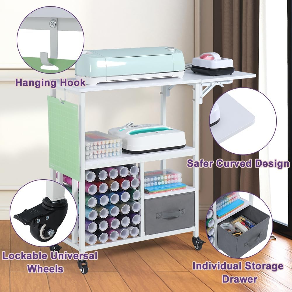 LUCKUP Organization and Storage Craft Table with 30 Vinyl Roll Holders and Drawer, Rolling Craft Storage Cabinet with Folding Workbench Shelf, Crafting Storage Cart for DIY Craft Room Home, White