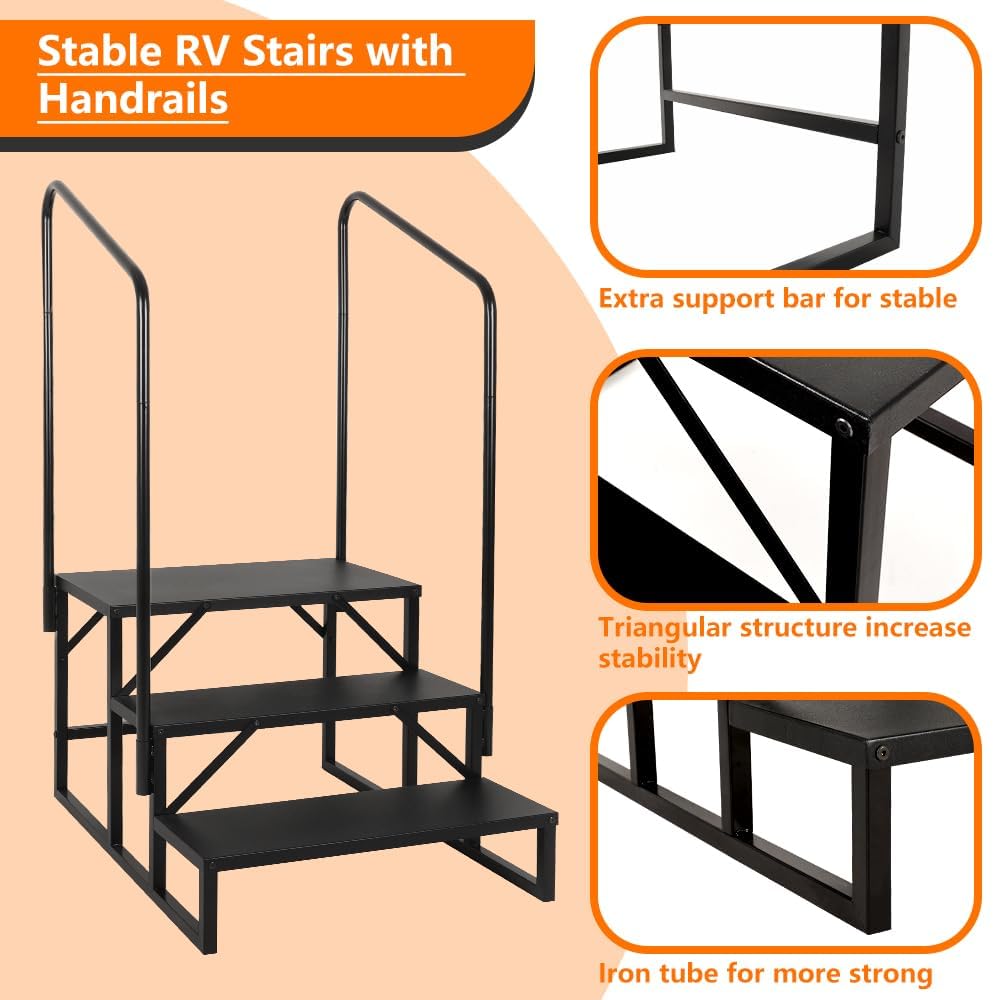 LUCKUP 3 Step RV Stairs with Handrails- Non Slip Hot Tub Steps Portable Mobile Home Stairs for RV, Travel Trailer, Camper Outdoor (Black)