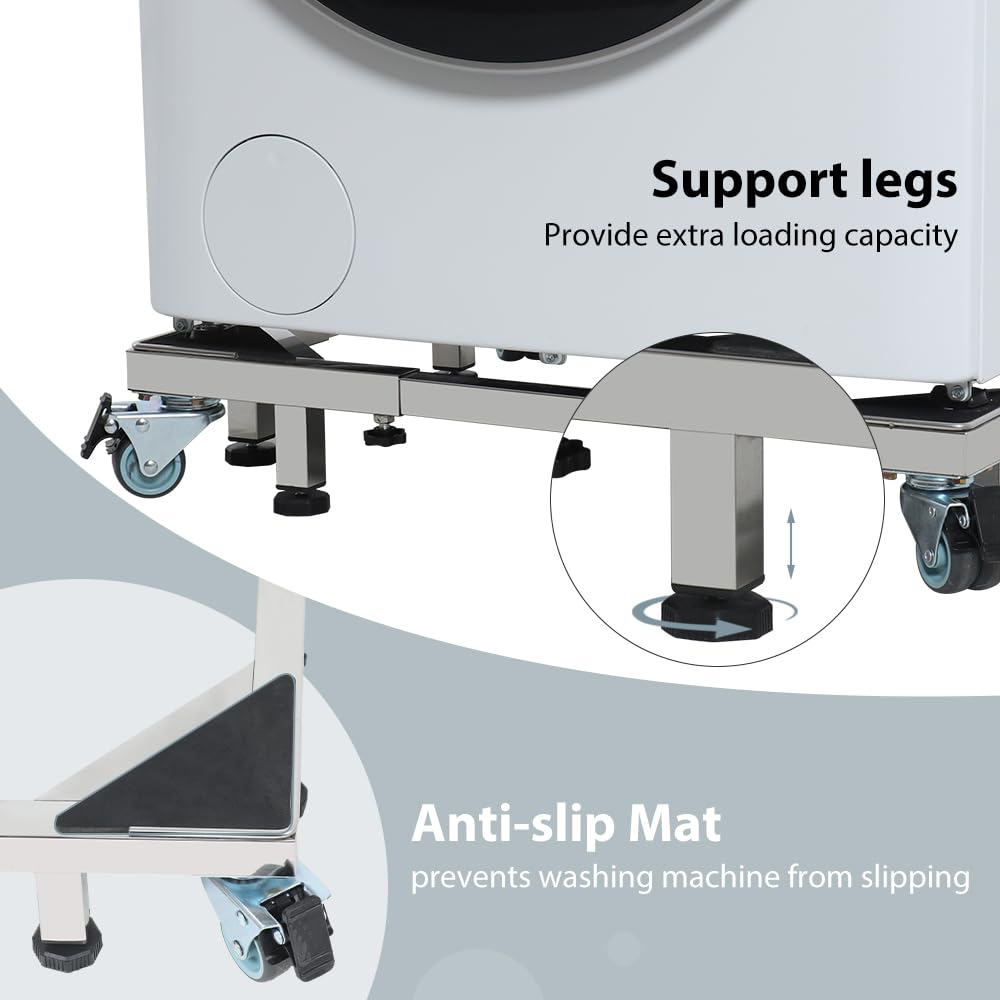 LUCKUP Heavy Duty All Stainless Steel Mobile Fridge Stand Base, Washing Machine Stand with 4 Wheels and 2 Feets, Adjustable Furniture Dolly for Washer, Refrigerator and Dryer（large）