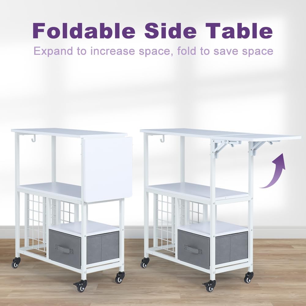 LUCKUP Organization and Storage Craft Table with 30 Vinyl Roll Holders and Drawer, Rolling Craft Storage Cabinet with Folding Workbench Shelf, Crafting Storage Cart for DIY Craft Room Home, White