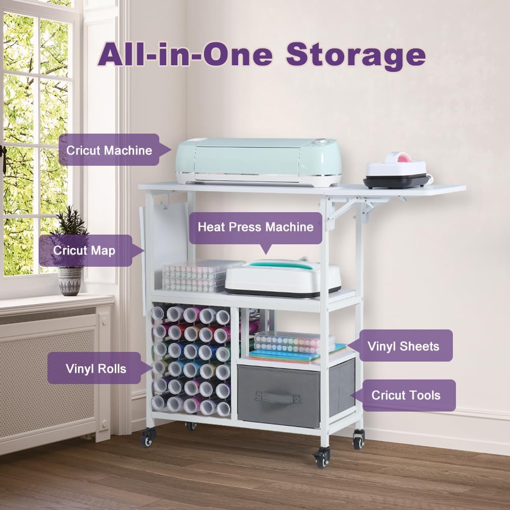 LUCKUP Organization and Storage Craft Table with 30 Vinyl Roll Holders and Drawer, Rolling Craft Storage Cabinet with Folding Workbench Shelf, Crafting Storage Cart for DIY Craft Room Home, White