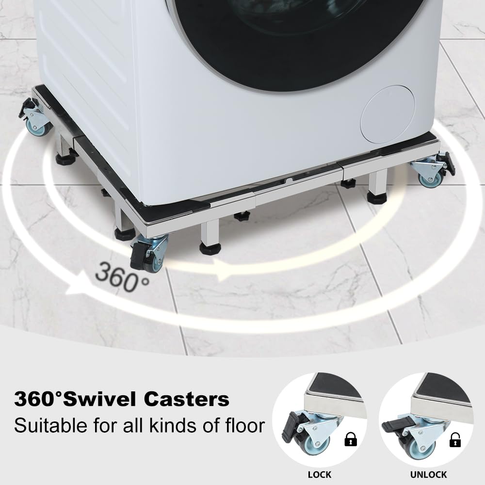 LUCKUP Heavy Duty All Stainless Steel Mobile Fridge Stand Base, Washing Machine Stand with 4 Wheels and 2 Feets, Adjustable Furniture Dolly for Washer, Refrigerator and Dryer（large）