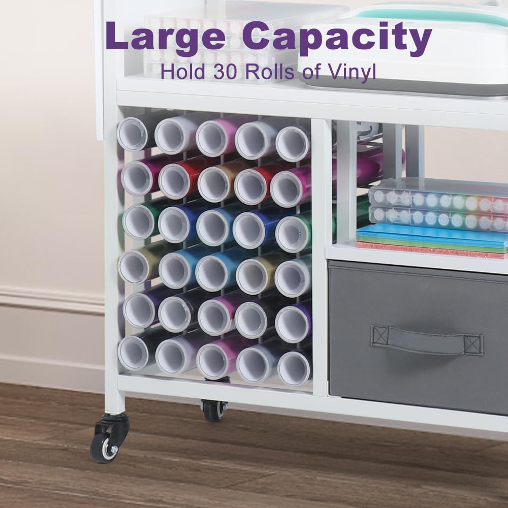LUCKUP Organization and Storage Craft Table with 30 Vinyl Roll Holders and Drawer, Rolling Craft Storage Cabinet with Folding Workbench Shelf, Crafting Storage Cart for DIY Craft Room Home, White