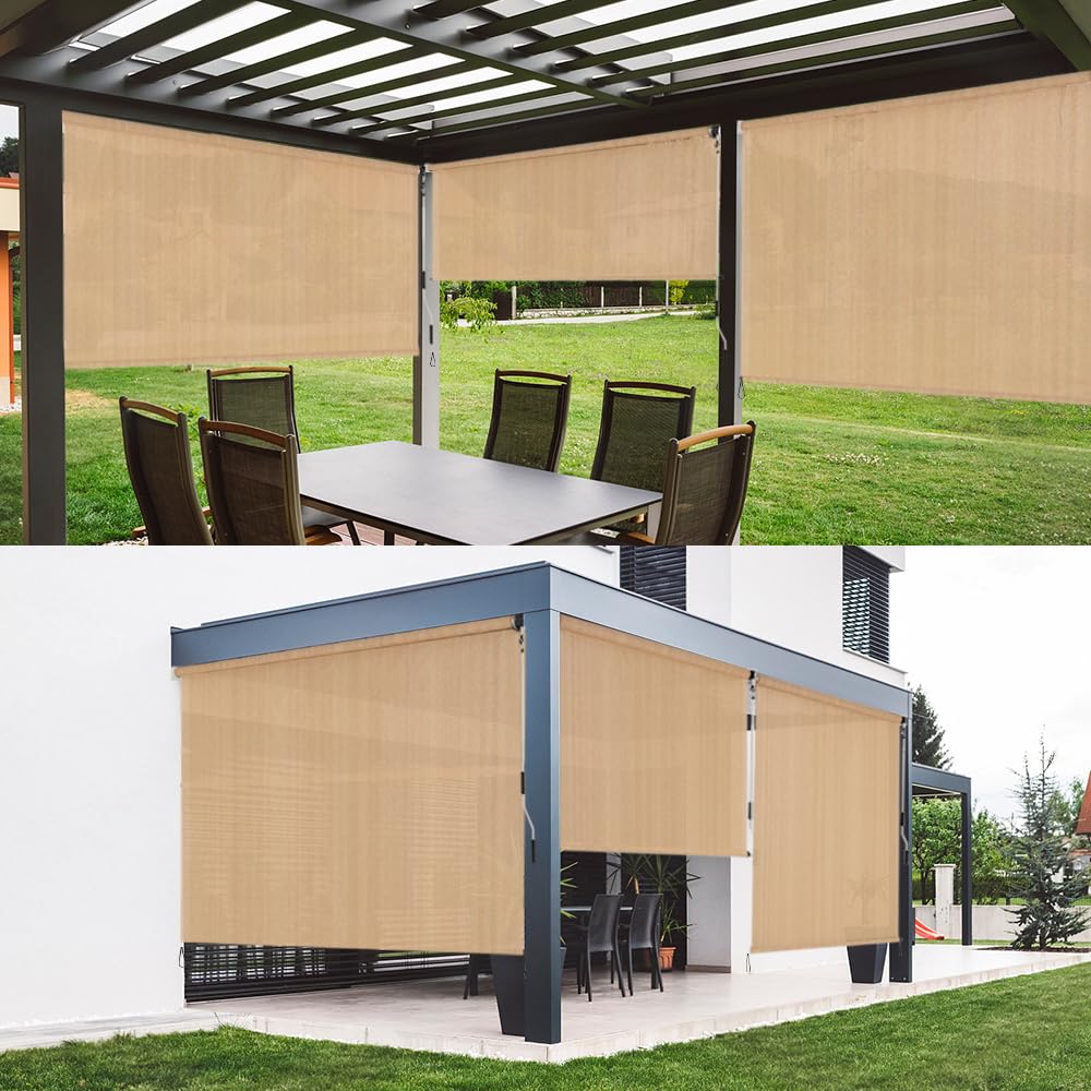 LUCKUP Outdoor Sunshade Roller Shades, Cordless Roll Up Shade Blinds Privacy Screen with 90% UV Protection
