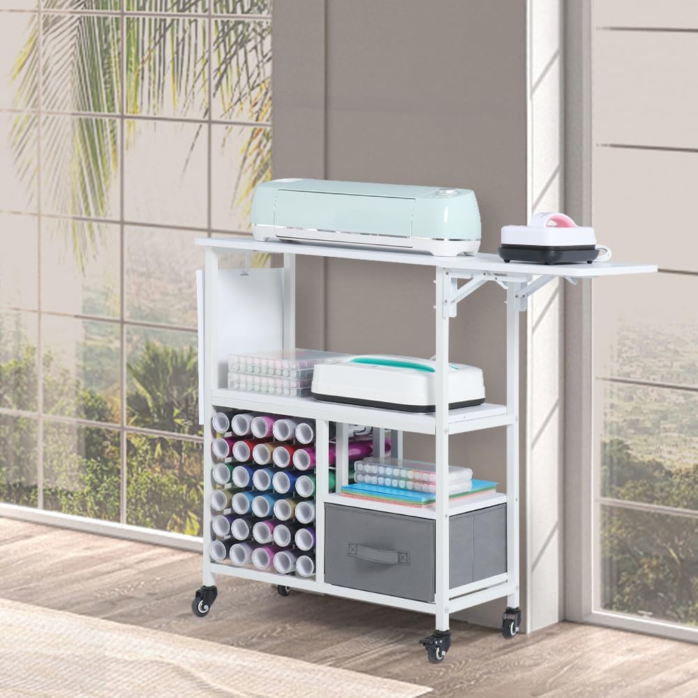 LUCKUP Organization and Storage Craft Table with 30 Vinyl Roll Holders and Drawer, Rolling Craft Storage Cabinet with Folding Workbench Shelf, Crafting Storage Cart for DIY Craft Room Home, White
