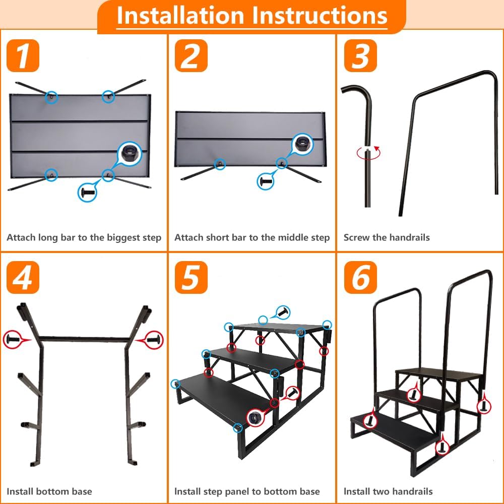 LUCKUP 3 Step RV Stairs with Handrails- Non Slip Hot Tub Steps Portable Mobile Home Stairs for RV, Travel Trailer, Camper Outdoor (Black)