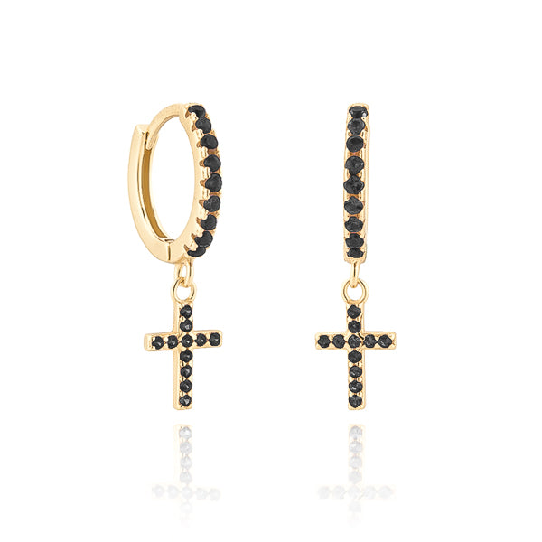 Classy Women Gold Black Crystal Cross Huggie Hoop Earrings-DaoMao