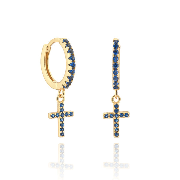 Classy Women Gold Blue Crystal Cross Huggie Hoop Earrings-DaoMao