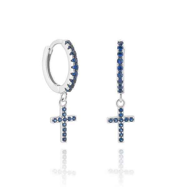 Classy Women Silver Blue Crystal Cross Huggie Hoop Earrings-DaoMao