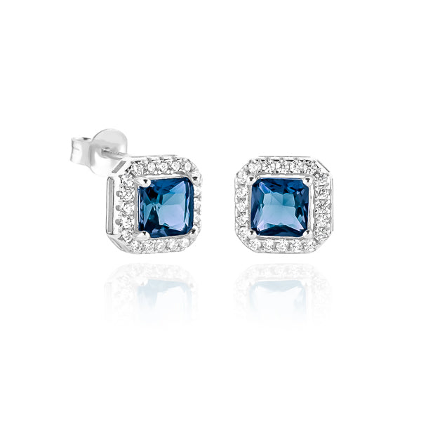 Classy Women Silver Blue Square Halo Stud Earrings-DaoMao