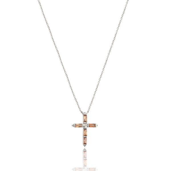 Classy Women Silver & Cognac Crystal Cross Necklace-DaoMao