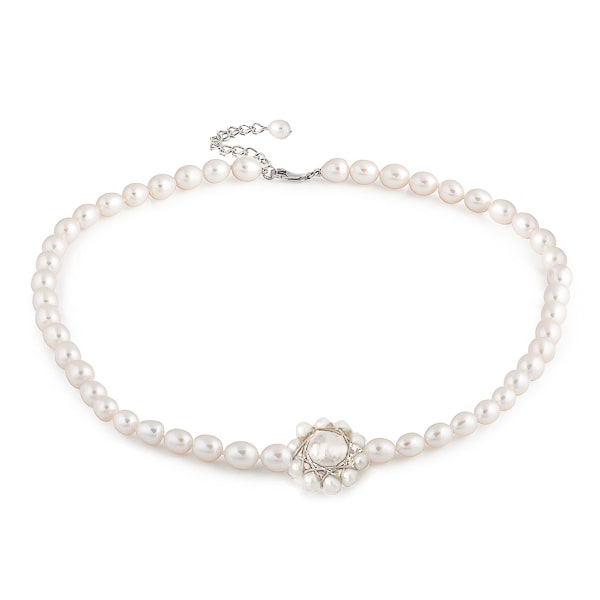 Classy Women White Freshwater Pearl Flower Choker Necklace-DaoMao