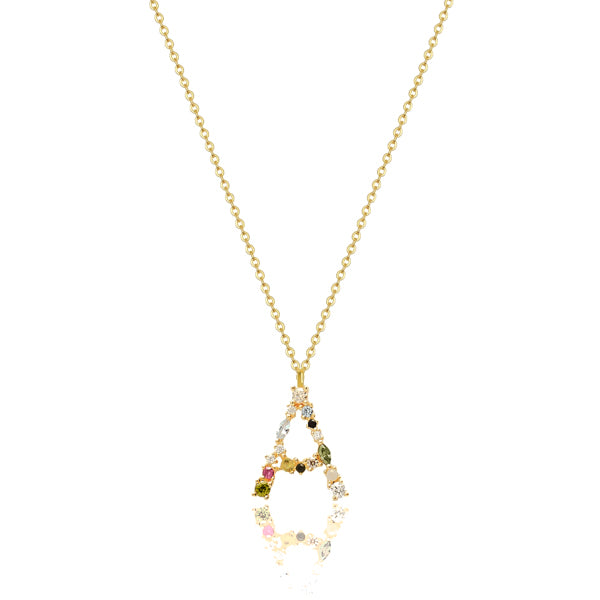 Classy Women Gold Colorful Stone Initial Necklace-DaoMao