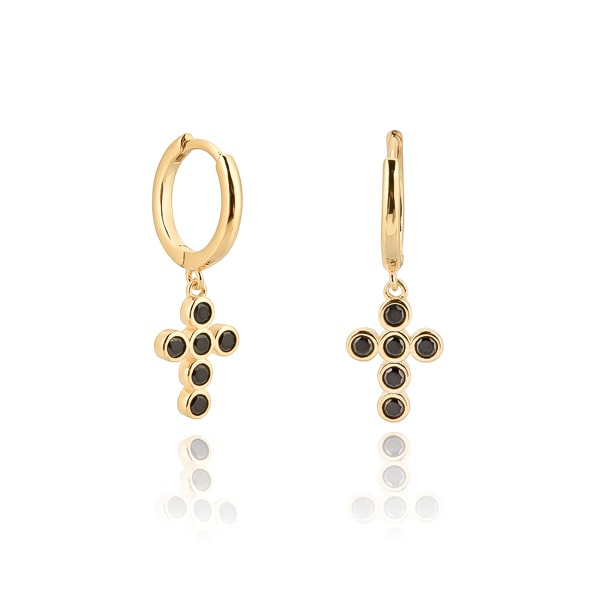 Classy Women Gold Black Crystal Cross Mini Hoop Earrings-DaoMao