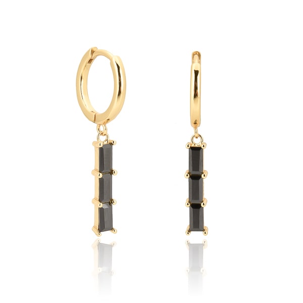 Classy Women Gold Black Triple Baguette Bar Drop Hoop Earrings-DaoMao
