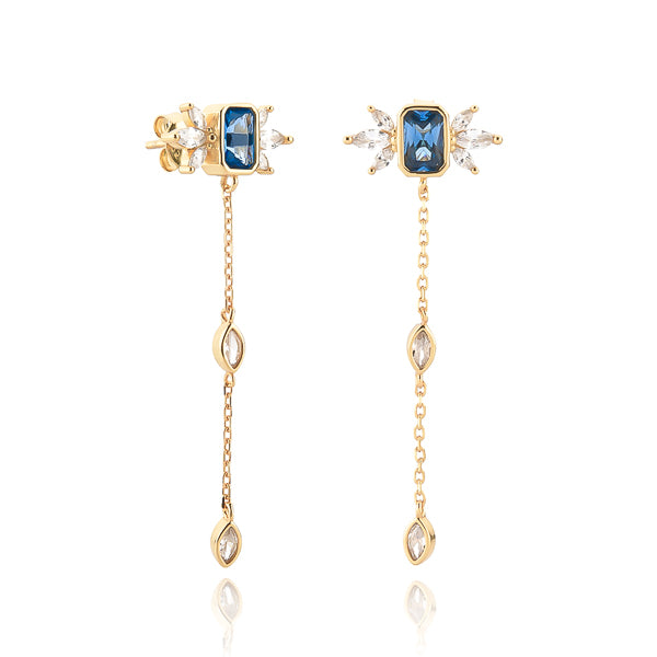 Classy Women Gold Blue Crystal Drop Chain Earrings-DaoMao