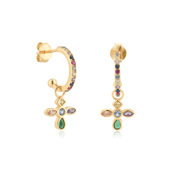 Classy Women Gold Colorful Crystal Cross C Hoop Earrings-DaoMao
