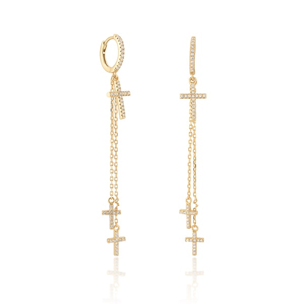 Classy Women Gold Crystal Cross Drop Chain Hoop Earrings-DaoMao