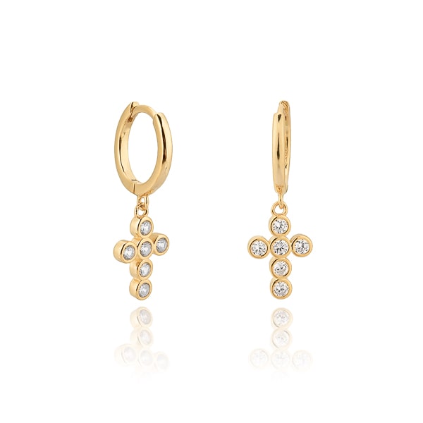 Classy Women Gold Crystal Cross Mini Hoop Earrings-DaoMao
