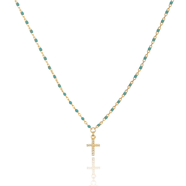 Classy Women Gold Green Beaded Crystal Cross Necklace-DaoMao