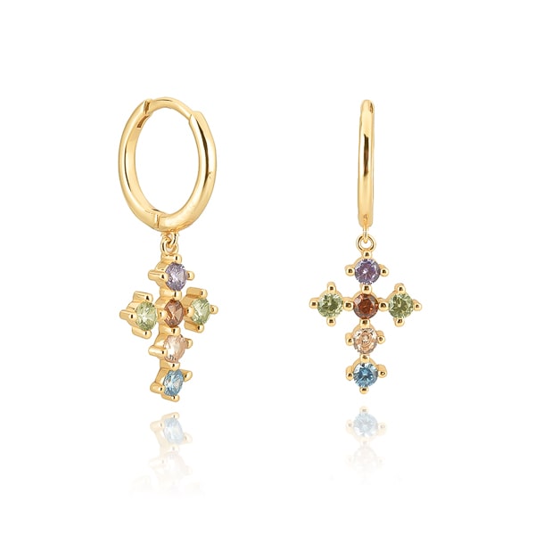 Classy Women Gold Multicolor Crystal Cross Hoop Earrings-DaoMao