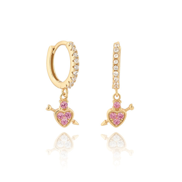 Classy Women Gold Pink Crystal Heart Drop Huggie Hoop Earrings-DaoMao