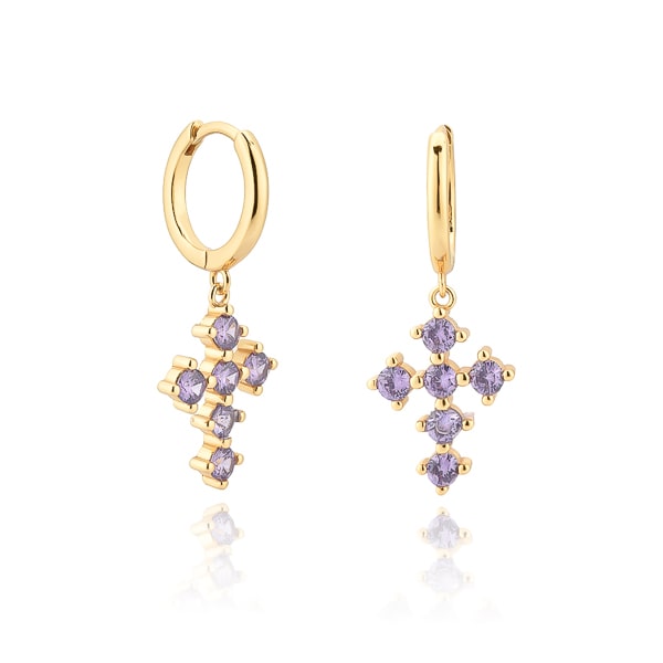 Classy Women Gold Purple Crystal Cross Hoop Earrings-DaoMao