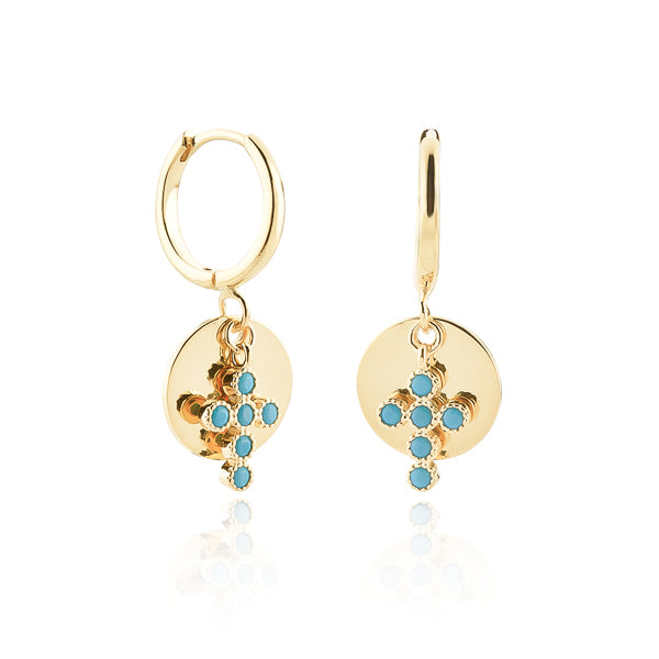 Classy Women Gold Turquoise Cross Charm Hoop Earrings-DaoMao