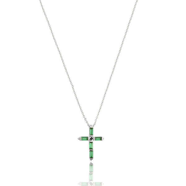 Classy Women Silver & Green Crystal Cross Necklace-DaoMao