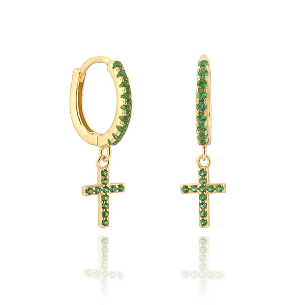 Classy Women Gold Green Crystal Cross Huggie Hoop Earrings-DaoMao