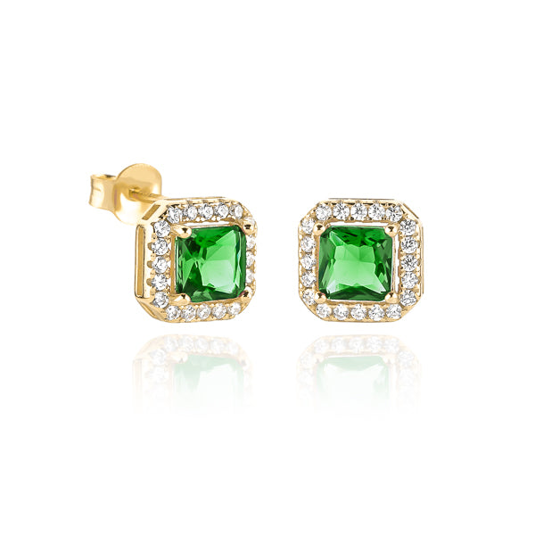 Classy Women Gold Green Square Halo Stud Earrings-DaoMao