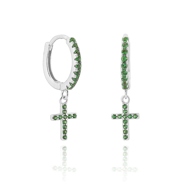 Classy Women Silver Green Crystal Cross Huggie Hoop Earrings-DaoMao