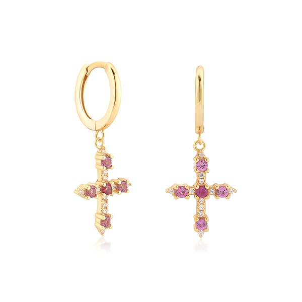 Classy Women Pink Crystal Cross Huggie Hoop Earrings-DaoMao