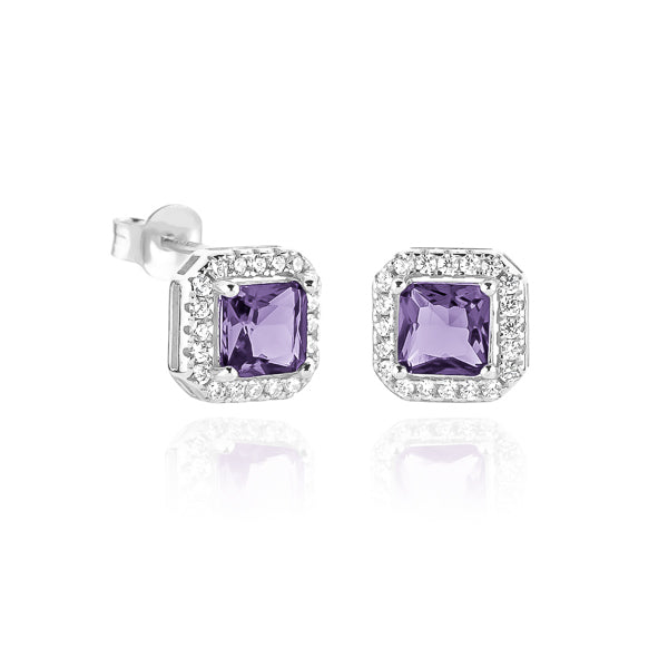 Classy Women Silver Purple Square Halo Stud Earrings-DaoMao