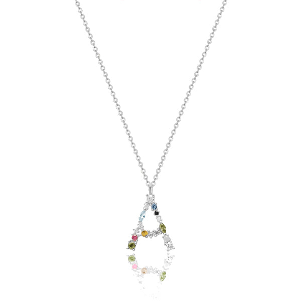 Classy Women Silver Colorful Stone Initial Necklace-DaoMao