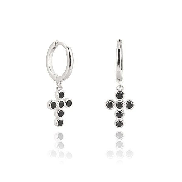 Classy Women Silver Black Crystal Cross Mini Hoop Earrings-DaoMao
