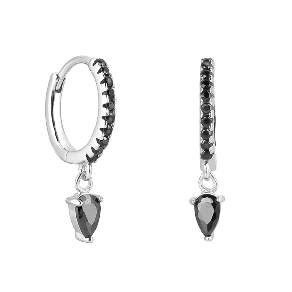 Classy Women Silver Black Crystal Huggie Teardrop Earrings-DaoMao