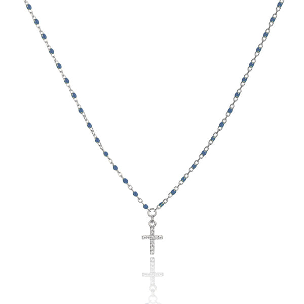 Classy Women Silver Blue Beaded Crystal Cross Necklace-DaoMao